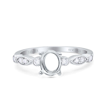 14K White Gold 0.19ct Oval Vintage Style 8mmx6mm G SI Semi Mount Diamond Engagement Wedding Ring